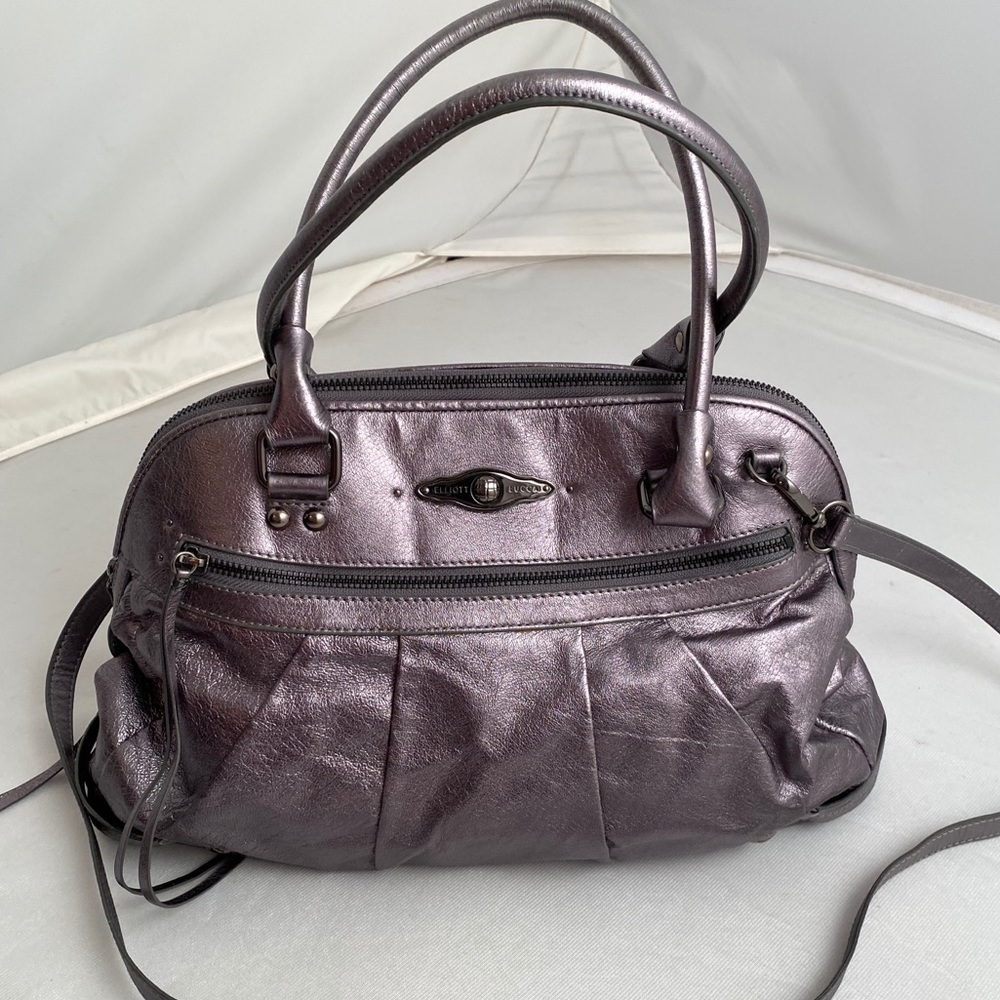 Elliot Lucca smooth metallic gunmetal gray satchel handbag